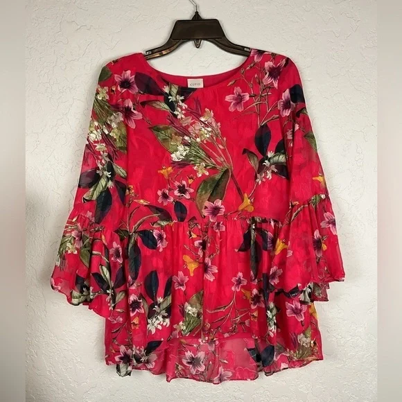 Women’s Cupid Hot Pink Bell Sleeve Babydoll Floral Top Size Medium - Picture 8 of 10